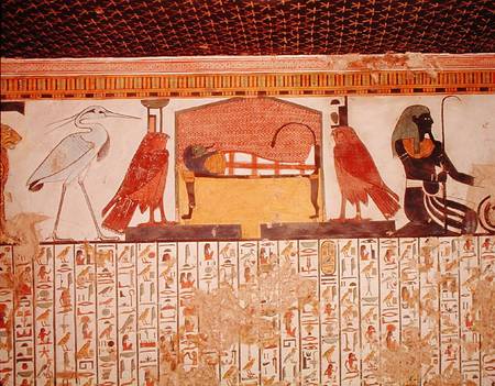 Mummy on a funeral bed with various divinites, from the Tomb of Nefertari, New kingdom a Egizi