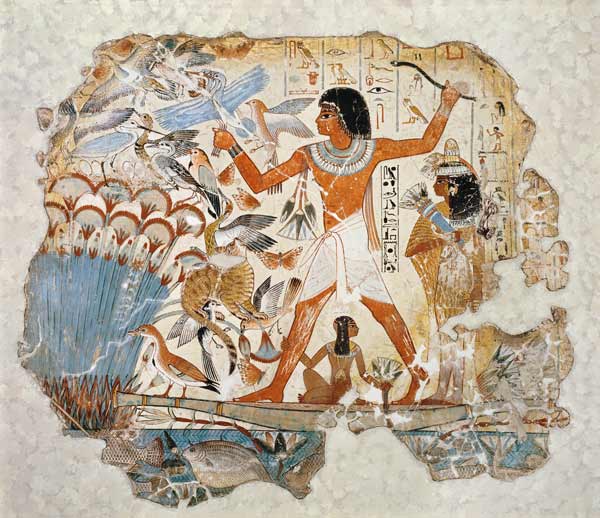 Nebamun hunting in the marshes with his wife an daughter, part of a wall painting from the tomb-chap a Egizi