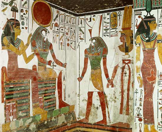 Nefertari is brought before the god Re-Horakhty by Horus, from the Tomb of Nefertari, New Kingdom a Egizi