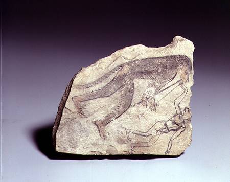 Ostracon with a figure of a monkey playing a flute, New Kingdom a Egizi