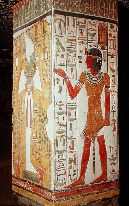 Pillar depicting Osiris and a priest wearing a panther skin, from the Tomb of Nefertari, New Kingdom a Egizi