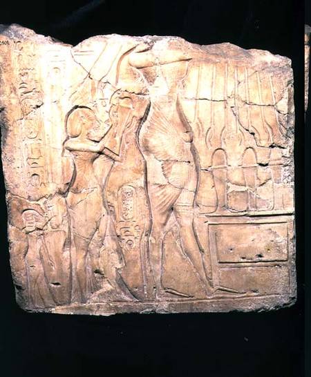 Relief fragment depicting Akhenaten followed by Nefertiti and Meritaten before an offering table, Ne a Egizi