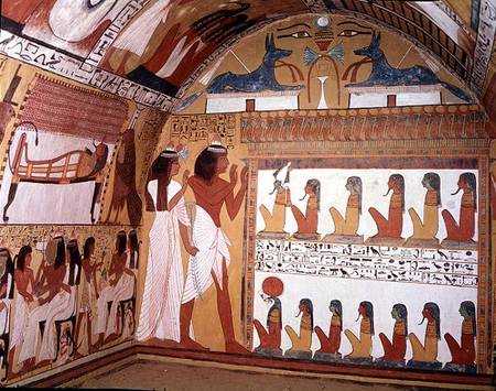 Sennedjem and his wife facing a naos containing twelve divinities, from the west wall of the Tomb of a Egizi