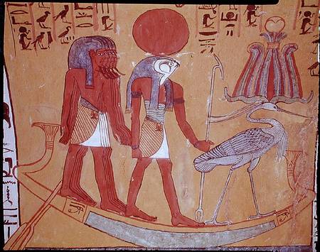 Solar barque with Re-Horakhty, the benu bird and four other deities, from the Tomb of Sennedjem, The a Egizi