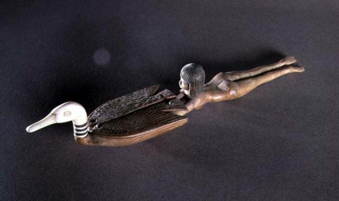 Spoon with a flattened handle in the form of a swimmer, New Kingdom, c.1400 BC (wood & ivory) (see a a Egyptian 18th Dynasty