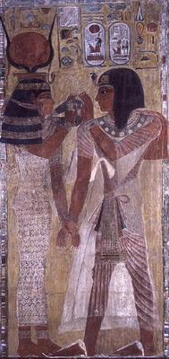 The Goddess Hathor placing the magic collar on Seti I (c.1394-1279 BC), taken from the Tomb of Seti a Egyptian 19th Dynasty