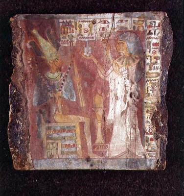 Interior of the sarcophagus of the singer, Toarnemiherti, showing the deceased offering incense to O a Egyptian 21st Dynasty