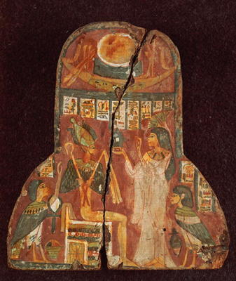 Lid of the coffin of the singer, Toarnemiherti, showing the deceased offering incense to Osiris enth a Egyptian 21st Dynasty