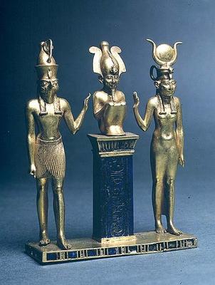 Triad of Osorkon II: Osiris flanked by Isis and Horus, Third Intermediate Period, c.874-850 BC (gold a Egyptian 22nd Dynasty