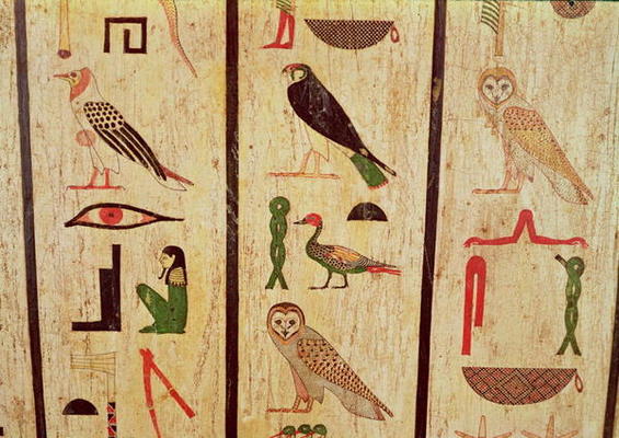 The sarcophagus of Psamtik I (664-610 BC) detail of hieroglyphics, Late Period (painted wood) a Egyptian 26th Dynasty