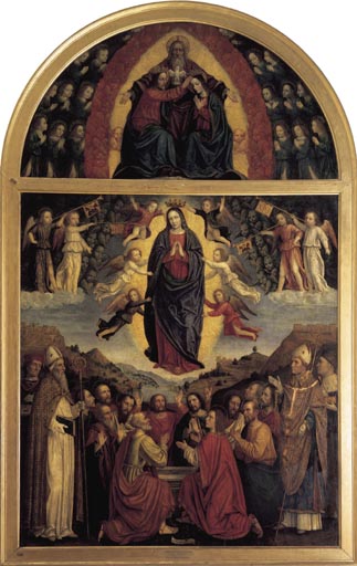 Himmelfahrt Mariae mit den Heiligen Ambrosius, Augustinus, Gervasius und Prothasius a eigentl. Ambrogio da Fossano um Bergognone