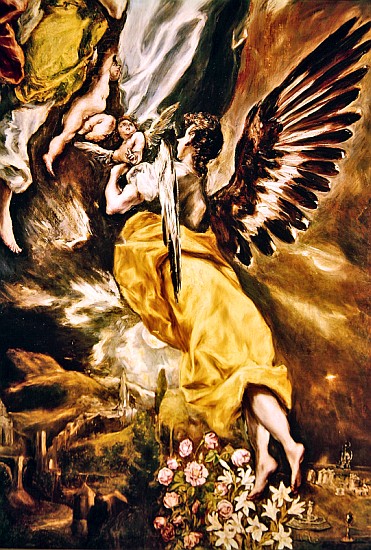 The Immaculate Conception (detail of angel, flowers, Marian attributes and Toledo) 1607-13 (see also a El Greco (alias Dominikos Theotokopulos)