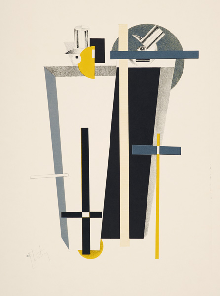 Abstract composition in grey, yellow and black (litho) a Eliezer Lissitzky