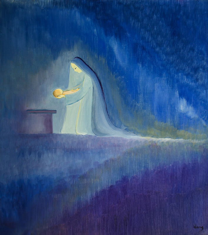 The Virgin Mary cared for her child Jesus with simplicity and joy, 1997 (oil on panel)  a Elizabeth  Wang