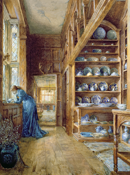 Interior of a panelled house with a collection of Imari and Blue and White Porcelain a Ellen Clacy