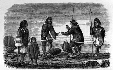 Tuski and Mahlemuts Trading for Oil, from 'Alaska and its Resources', by William H. Dall, engraved b a Elliot