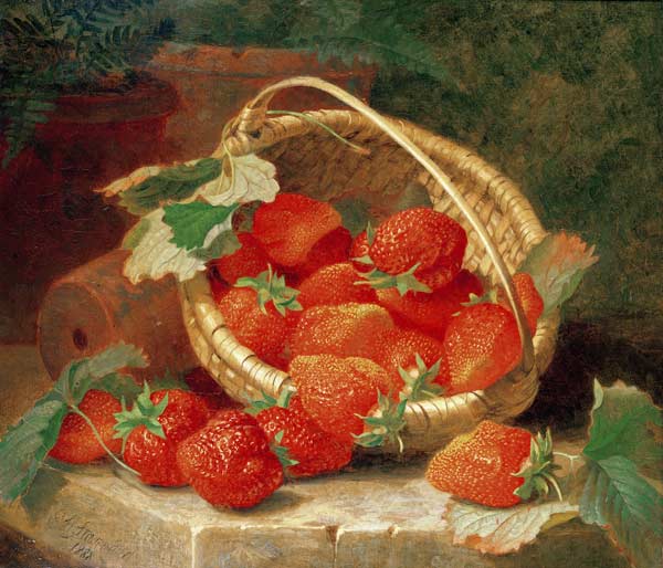 A Basket of Strawberries on a stone ledge a Eloise Harriet Stannard
