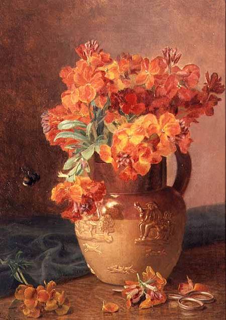 A Still Life with Wallflowers in a Stoneware Jug a Eloise Harriet Stannard