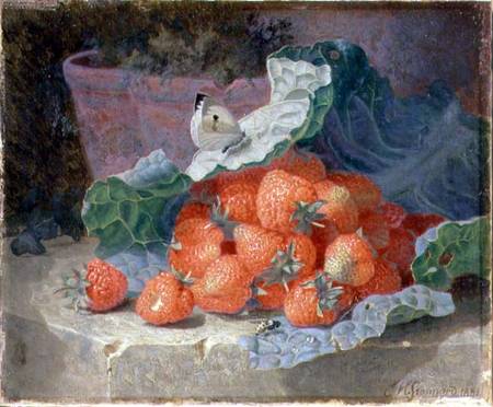 Strawberries in a Cabbage Leaf with a Flower Pot Behind a Eloise Harriet Stannard