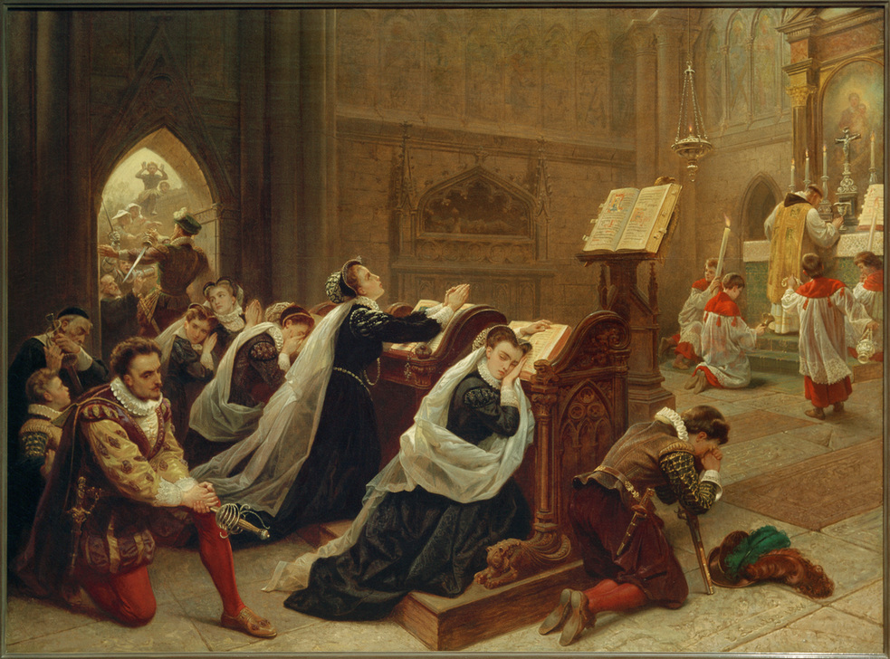 Maria Stuart nach ihrer Rückkehr aus Frankreich in Hollyroodhouse die erste Messe hörend. a Emanuel Leutze