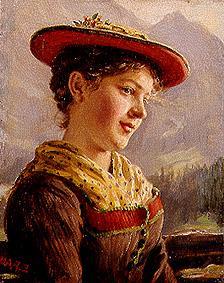 Dirndl in dress and with a red hat. a Emil Karl Rau