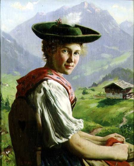 Girl with a Hat in Mountain Landscape a Emil Karl Rau
