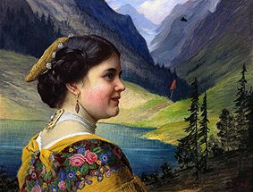 Münchnerin in dress in front of mountains sea a Emil Karl Rau