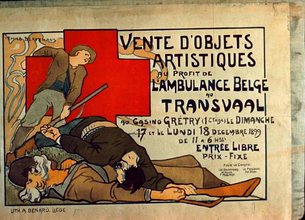 Poster advertising a sale of art objects for the benefit of the Belgian Ambulance in the Transvaal,  a Émile Berchmans