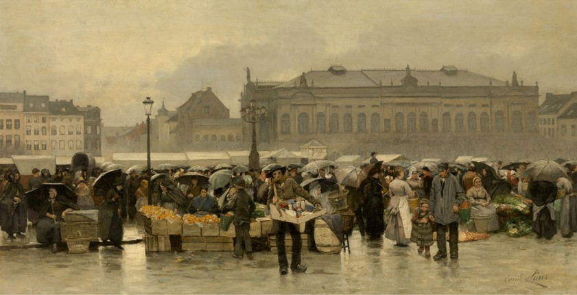 The market in front of the Stadsschouwburg theatre in Antwerp a Emile Claus