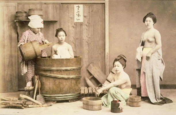 Geishas bathing, c.1880s (hand-coloured albumen print) a English Photographer, (19th century)