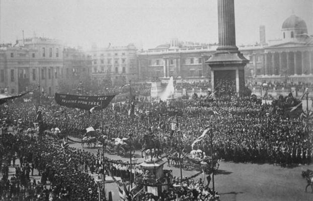 Queen Victoria (1819-1901) being driven through Trafalgar Square during her Golden Jubilee celebrati a English Photographer, (19th century)