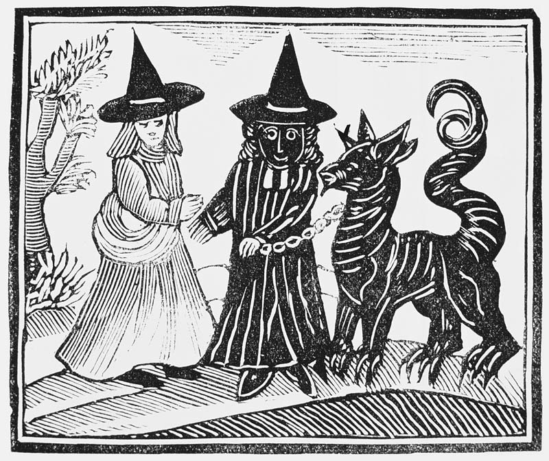 A Black and a White Witch with a Devil Animal, illustration from a collection of chapbooks on esoter a Scuola Inglese