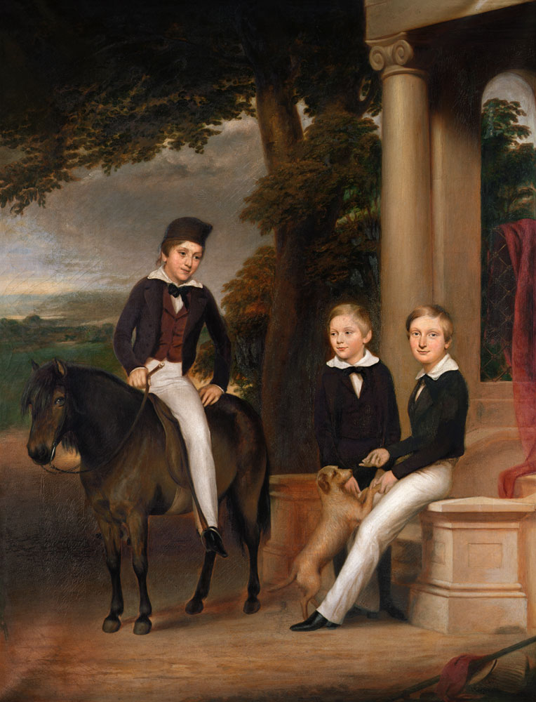 Portrait of John, George and Thomas Gladstone with their favourite pets a Scuola Inglese