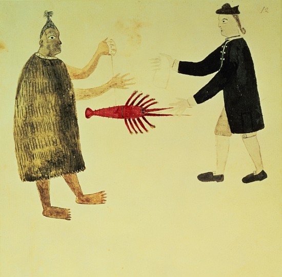 A Maori bartering a crayfish with an English naval officer, from a series of drawings illustrative o a Scuola Inglese