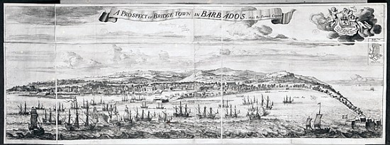 A Prospect of Bridge Town in Barbados, drawn by Samuel Copen and ; engraved by Johannes Kip a Scuola Inglese