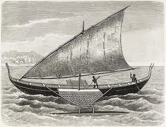 Boat of the Mortlock Islands, with outrigger and sail of rush-matting, from ''The History of Mankind a Scuola Inglese