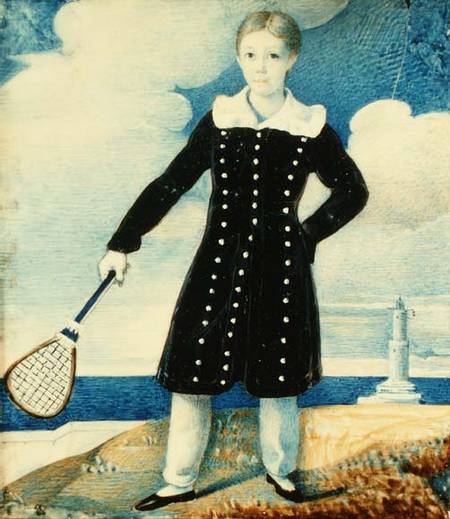 Boy with Badminton Racket (w/c on card) a Scuola Inglese