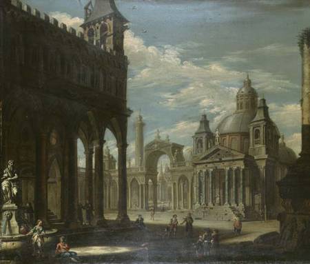 Capriccio of a piazza with Gothic, Roman and Baroque buildings a Scuola Inglese