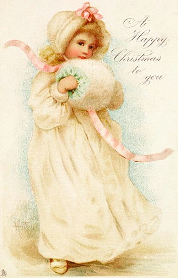 Christmas card depicting a girl with a muff a Scuola Inglese