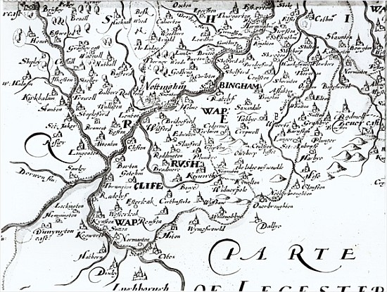 Detail of a map of the county of Nottinghamshire showing the town of Nottingham a Scuola Inglese