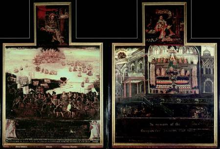 Diptych depicting the Arrival of Queen Elizabeth I (1530-1603) at Tilbury, the Defeat of the Spanish a Scuola Inglese