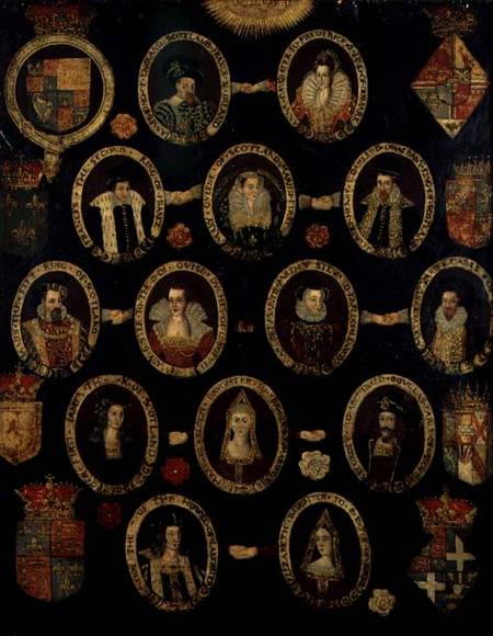 Genealogical chart tracing the Tudor roots of Mary Stuart, Queen of Scots (1542-87) and her son Jame a Scuola Inglese