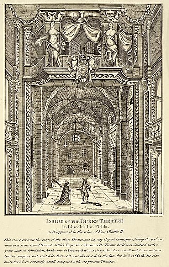 Inside of the Dukes Theatre in Lincoln''s Inn Fields as it appeared in the reign of King Charles II; a Scuola Inglese