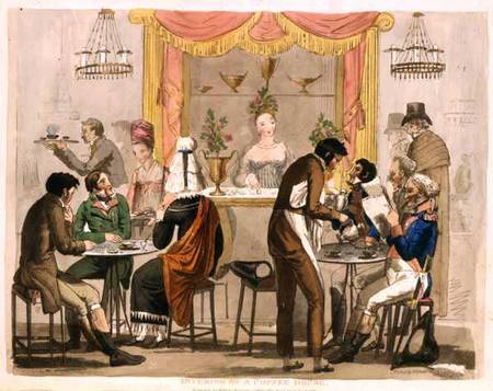 Interior of a Coffee House, pub. for William Pearman Library, 1819 a Scuola Inglese