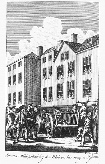 Jonathan Wild pelted the mob on his way to Tyburn, from the ''Newgate Calendar'' a Scuola Inglese