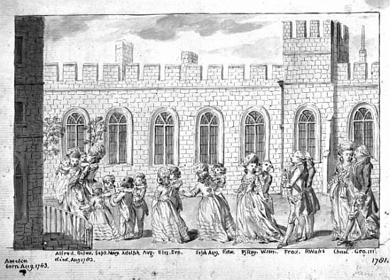 King George III and Queen Charlotte walking in procession with their fourteen children, 1781 (pen &  a Scuola Inglese