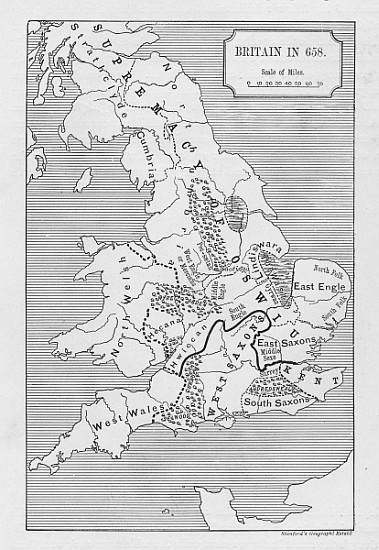 Map of Britain in 658, produced by Stanford''s Geographical Establishment a Scuola Inglese