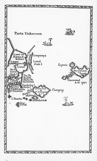 Map of Laputa, Balnibari, Luggnagg, Glubbdubdrib and Japan, illustration from the first edition of ' a Scuola Inglese