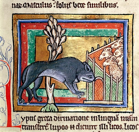 MS Roy 12 C XIX fol.19 A wolf outside a sheep fold, from a bestiary or moralised history, Durham (12 a Scuola Inglese
