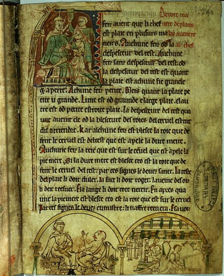 Ms.O.1.20.f.241v Jerome: A doctor visiting a patient and an apothecary, from ''De Nominibus Herbraic a Scuola Inglese